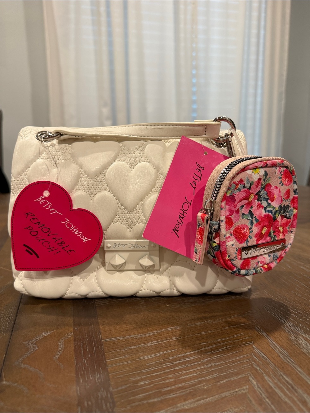 NWT Betsy Johnson White Heart Quilted Purse with attached small pouch